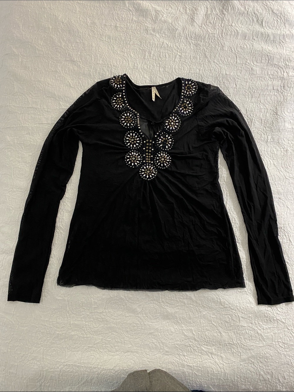 Roper Black Sheer Long Sleeve Tee with Studded V-Neck Detail